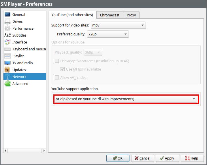 SMplayer preferences setting to use yt-dlp as a backend to fetch Youtube videos