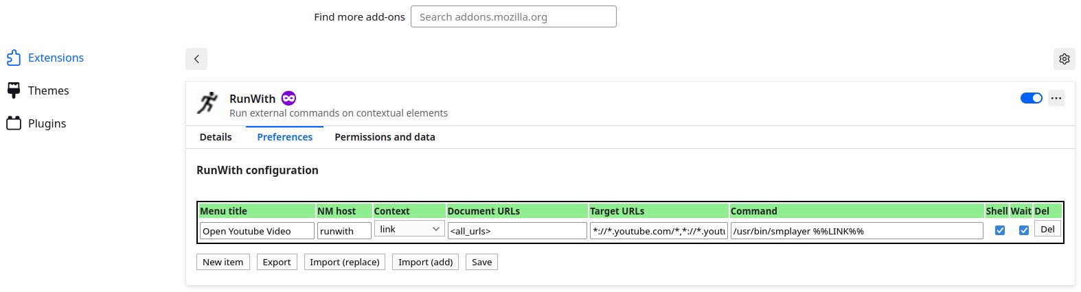Setting in the RunWith browser extension to run SMPlayer on Youtube video links