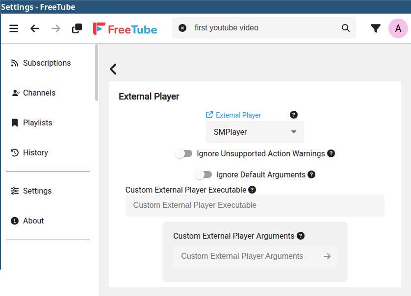 Freetube external player setting