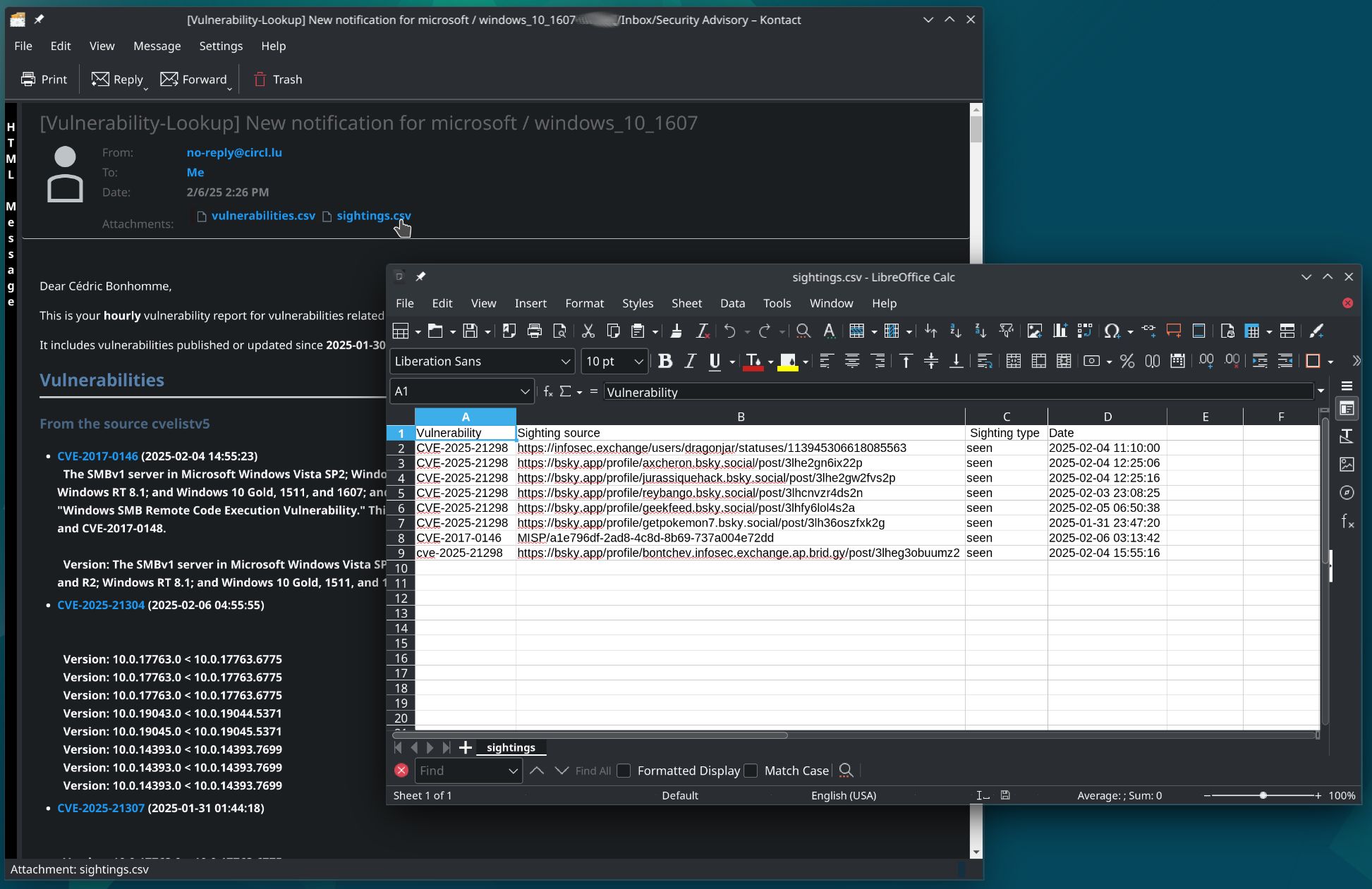 New notification email with CSV attachment for vulnerabilities and sightings